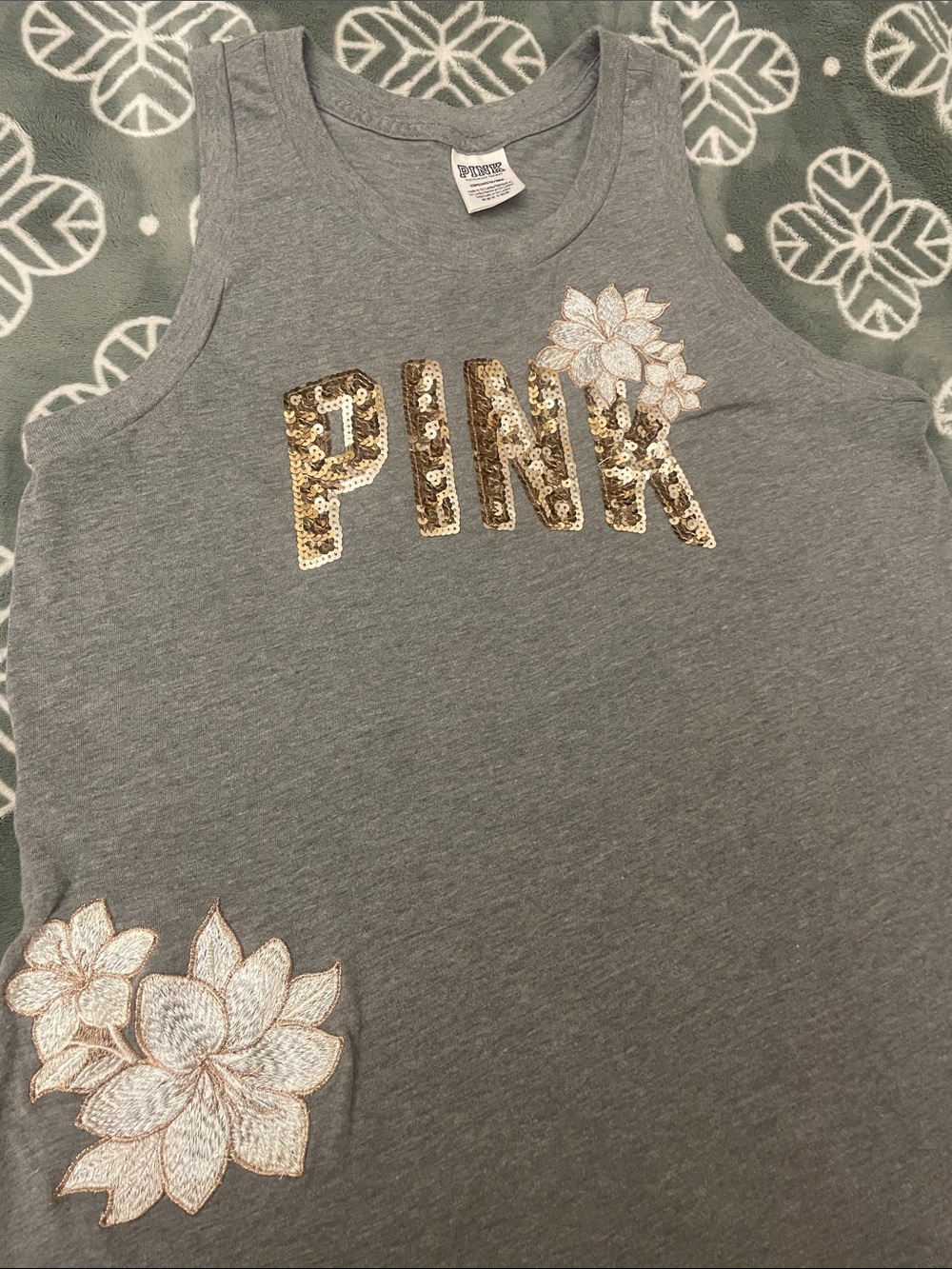 PINK Victoria's Secret Gray Tank with Gold Sequin Logo & White Floral Embroidery